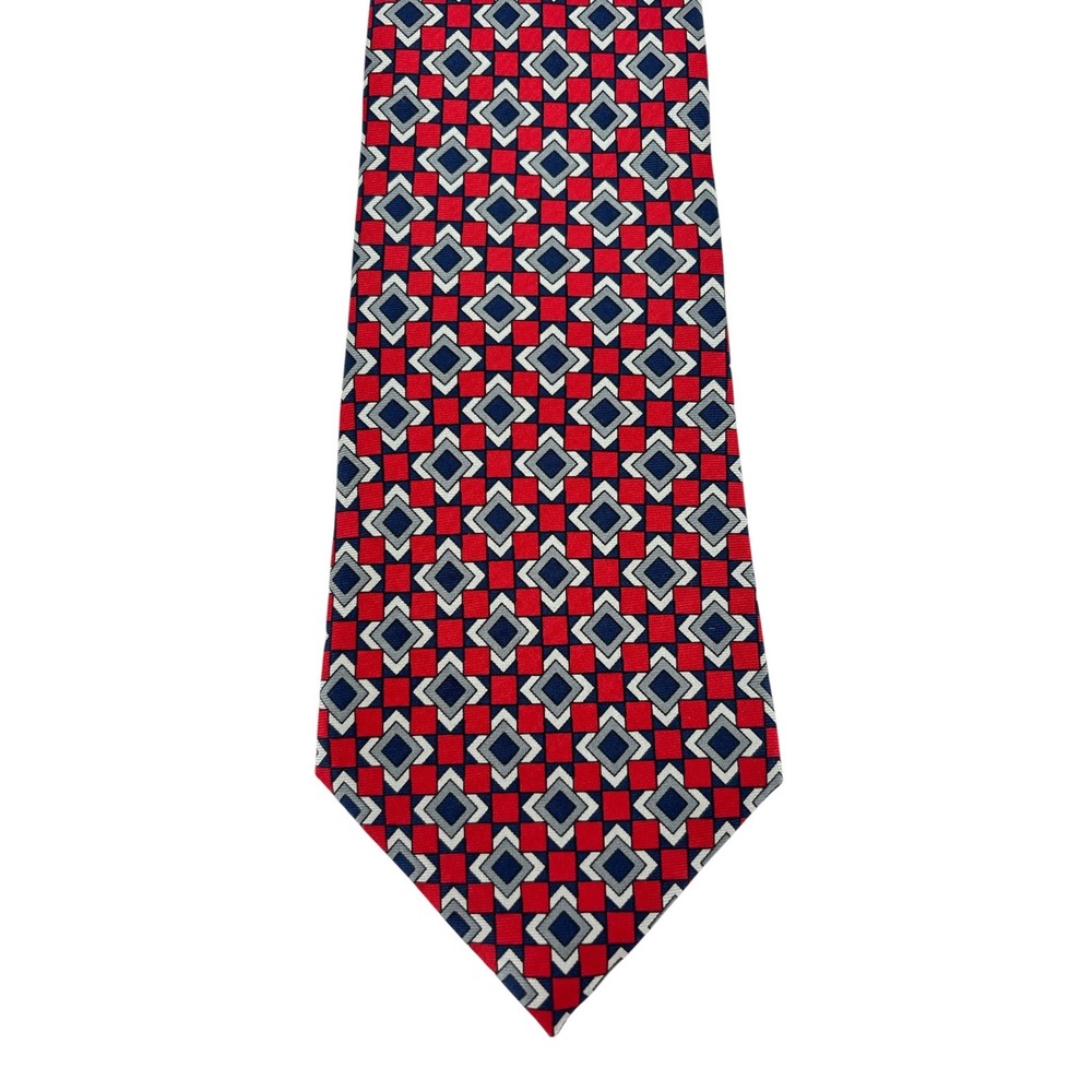 JS Blank & Co Mens Red Blue Geometric Silk Extra Long Necktie 63"x3.75"